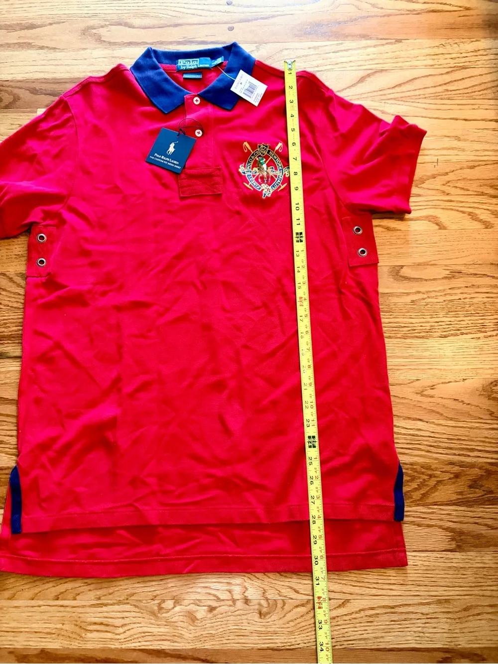 NWT Ralph Lauren Red Polo with Navy Contrast Collar and Crest. Custom Fit